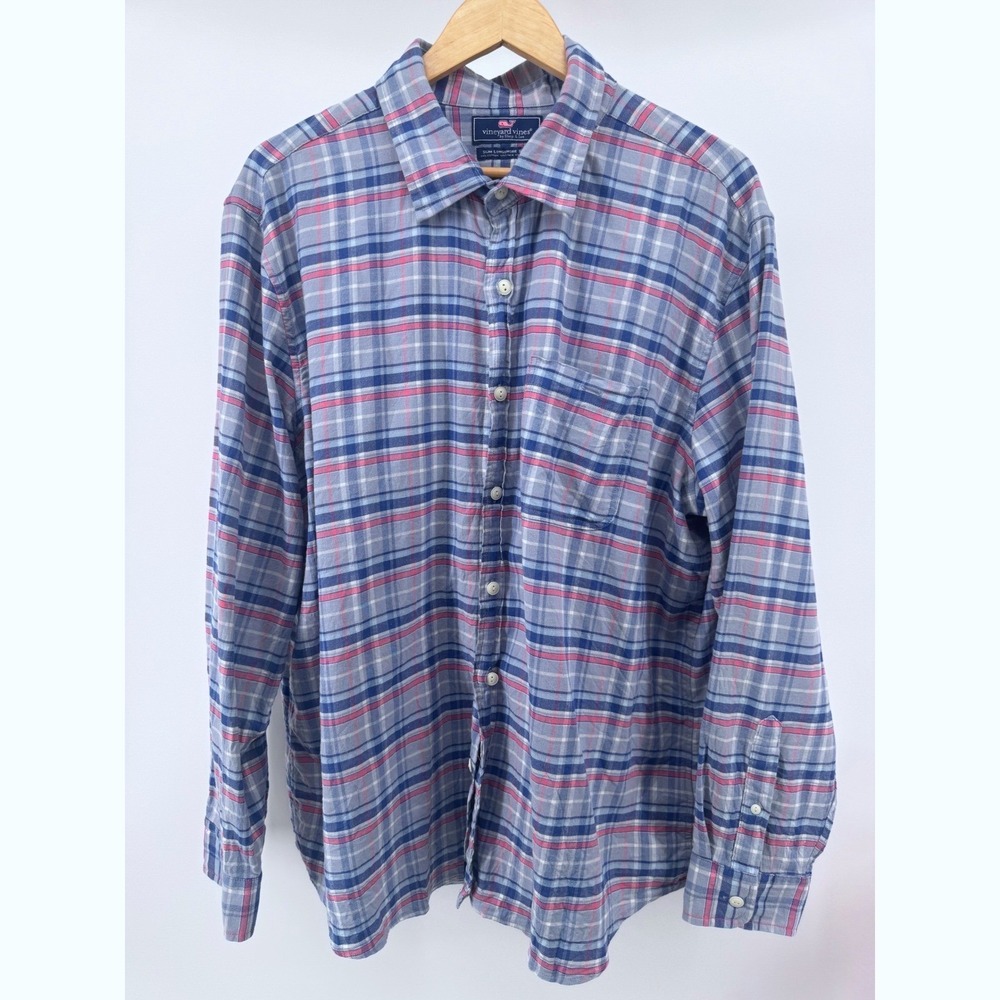 Vineyard Vines Button Down Shirt  Mens XXL Blue Slim‎ Longshore Plaid Linen